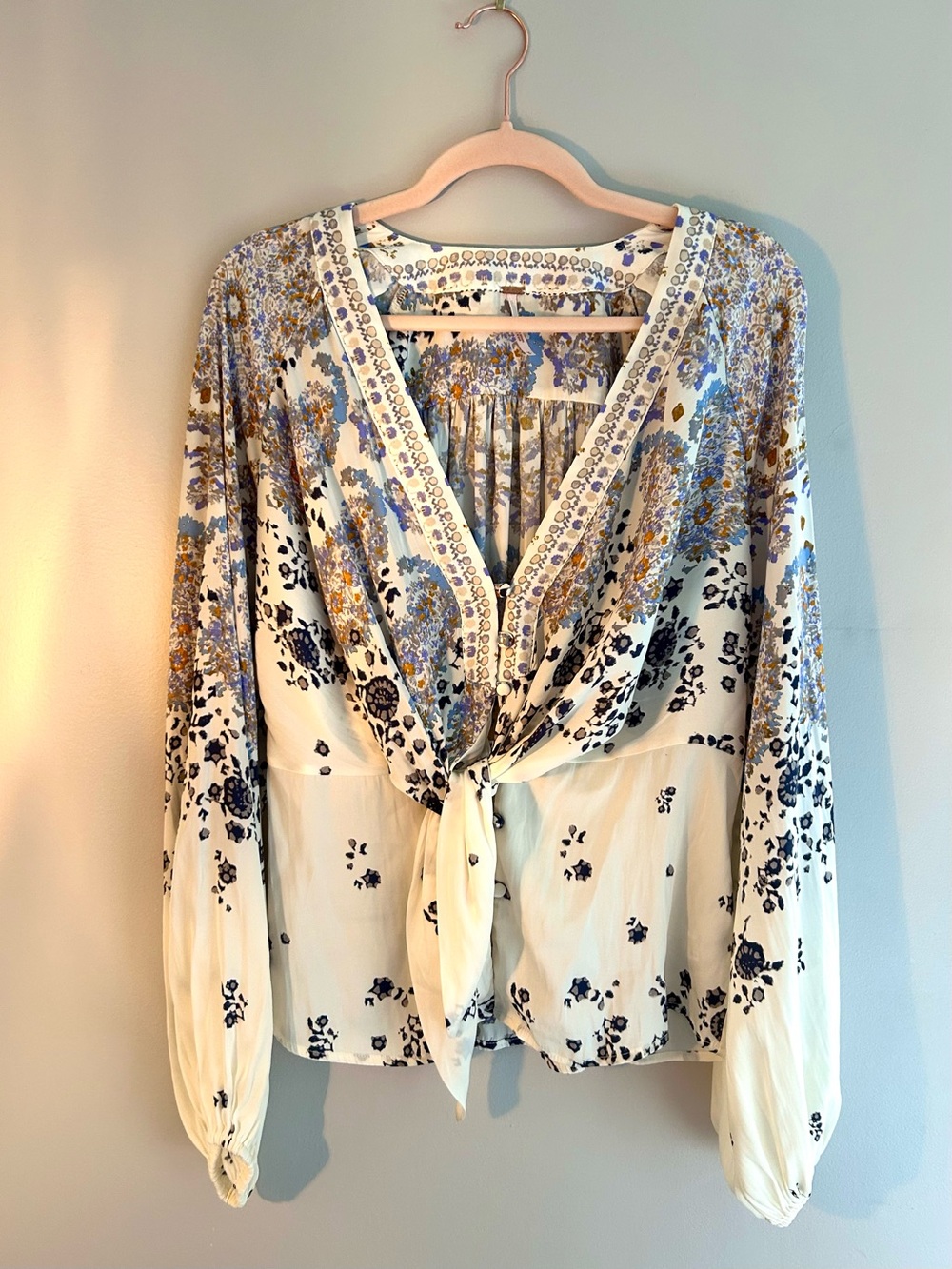 Cream Floral Tie-Front Blouse with Blue and Gold Accents
